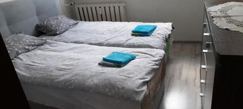 two beds in a bedroom with blue towels on them at Apartament Biedronka in Nowa Ruda