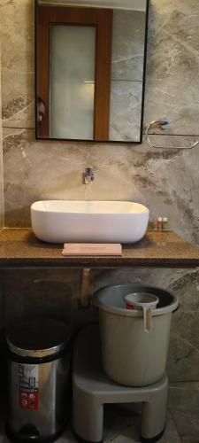 a bathroom counter with a sink and a bucket at Hotel Shlok Inn in Somnath