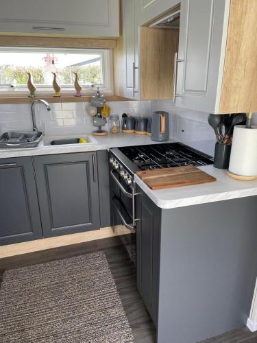 a kitchen with a stove top oven next to a sink at KMH Caravans at Flamingo Land in Kirby Misperton