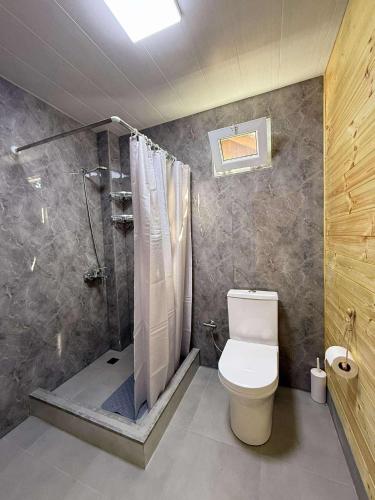 un baño con inodoro y ducha en House Kvali, en Banoja