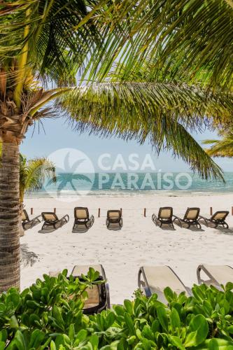 a beach with chaise lounges and a palm tree at ☆BLUE NEST- Beachfront apartment by CASA PARAISO☆ in Cancún