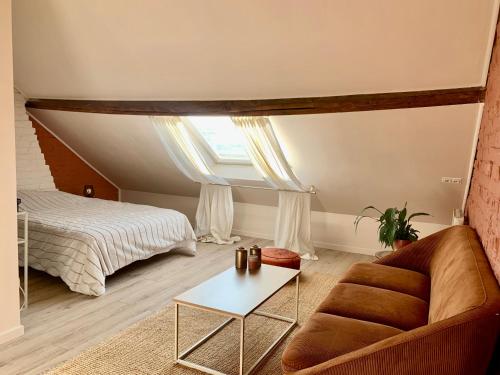 a room with a bed and a couch and a table at Chaleureuse et spacieuse chambre, sdb privative in Lille