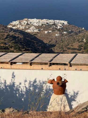 a woman sitting on top of a building with a view of the ocean at Sifnos Blue Horizon House Kastro Endless Blue in Apollonia