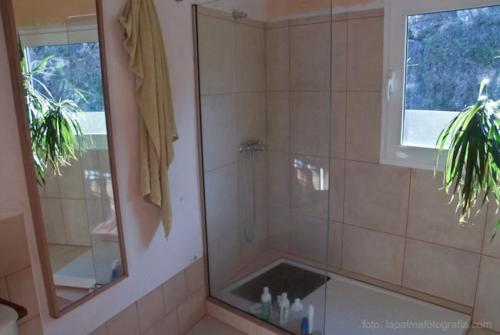 a shower in a bathroom with a window and a mirror at Ático encima del mar in Santa Cruz de la Palma