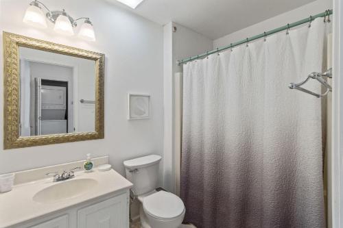 a bathroom with a toilet and a sink and a shower at It's A Vibe in Kitty Hawk