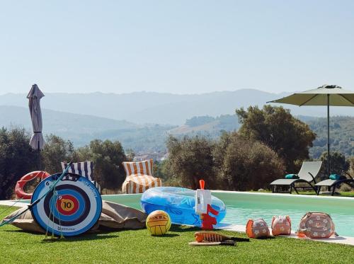 a pool with a group of toys on the grass at Terras do Salvado Agroturismo in Fundão
