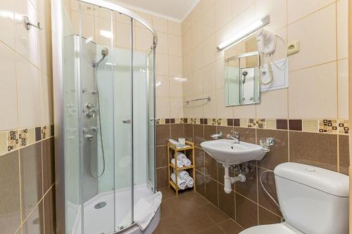 ein Badezimmer mit Dusche, Toilette und Waschbecken in der Unterkunft Hotel Wilhelm in Prag