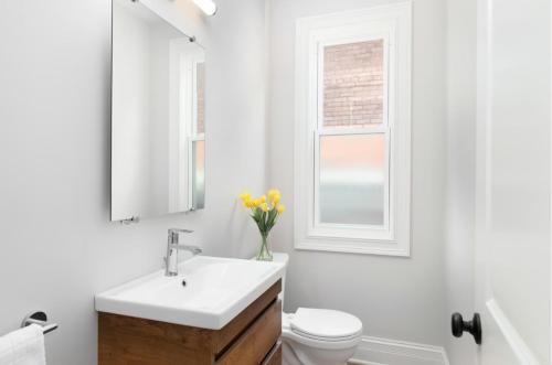 a bathroom with a sink and a toilet and a window at San Antonio Comfort 3 Beds, 2 Baths in Helotes