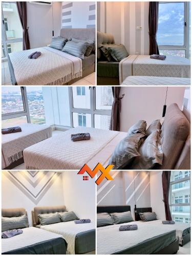 a collage of photos of a bedroom with two beds at KSL City Mall 6-20pax Private Lift-Netflix-SmartTV 70inch in Johor Bahru
