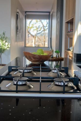 a kitchen stove top with a bowl on top of it at Amani Luxury Villa Marloth Park in Marloth Park