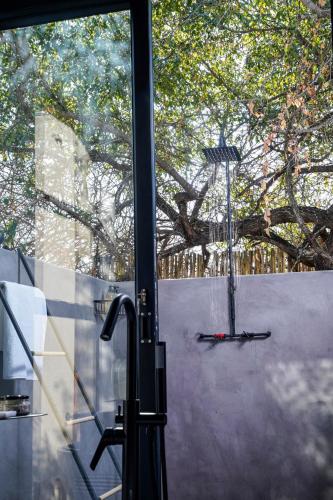 a glass window with a view of a basketball hoop at Amani Luxury Villa Marloth Park in Marloth Park