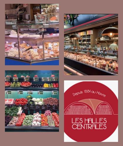 un collage de quatre photos d'un magasin de fruits et légumes dans l'établissement charmant duplex 2, au Havre