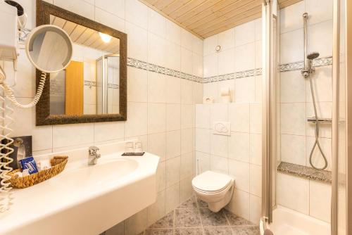 a bathroom with a sink and a toilet and a mirror at Alpen Wohlfühlhotel Dörflwirt in Hainzenberg