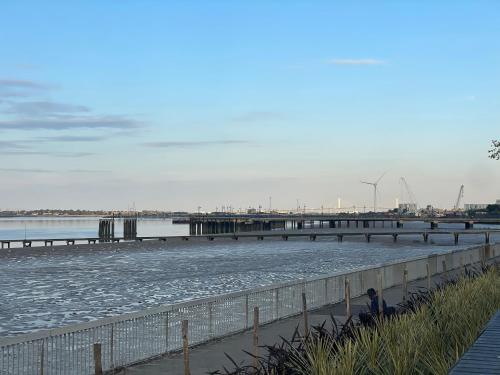a beach with a pier in the water at Golden Oak Two bed Apartment in Erith