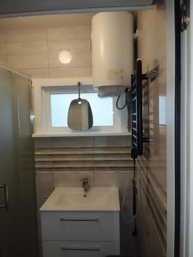 a small bathroom with a sink and a window at Zacisze the Skuzos in Zdbice