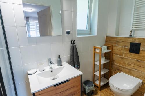 a bathroom with a white sink and a toilet at Pokoje Gościnne OAZA in Sztutowo