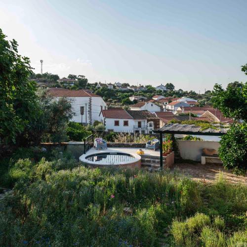 a view of a yard with a pool in the middle at Casa Trebaruna - refúgio numa aldeia do interior in Proença-a-Velha