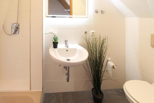 ウルムにあるCityStayOne - Kleines Standardzimmer im Zentrum für eine einfache Übernachtung No kitchen no hotel services no reception no breakfast buffet - Of course Late check-in via self check-in high-speed WiFi smart TV good mattresses a quick and easy check-outの洗面台とトイレを備えた白いバスルーム