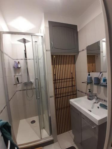 a bathroom with a shower and a sink at Appartement Stella plage in Cucq