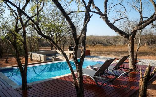 a swimming pool with two lounge chairs on a wooden deck at Amani Luxury Villa Marloth Park in Marloth Park