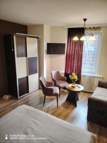 a living room with a bed and a table and chairs at Sunce in Ribarska Banja