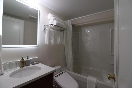 a bathroom with a sink and a toilet and a shower at Victoria Gorge Waterway Vacation Home in Victoria