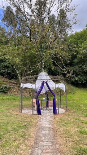 a gazebo with a purple canopy in a field at Hotel Boutique Villa de Palacios - Palacio de Aras in San Miguel de Aras