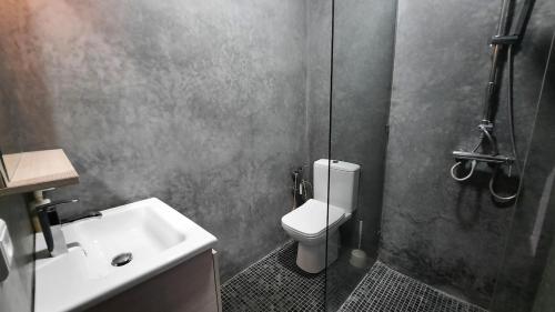 a bathroom with a toilet and a sink and a shower at Villa Roseaux heated pool Marrakech in Najem