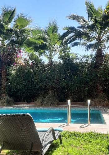 a swimming pool with a chair and palm trees at Villa Roseaux heated pool Marrakech in Najem
