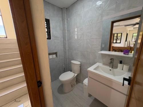a bathroom with a toilet and a sink and a mirror at Villa Sol Odalis in Jarabacoa
