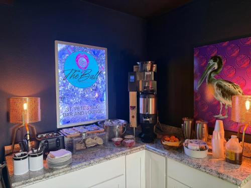 Una cocina con una encimera y una cafetera encima. en Mari Jean Hotel - All Adults Welcome, en San Petersburgo