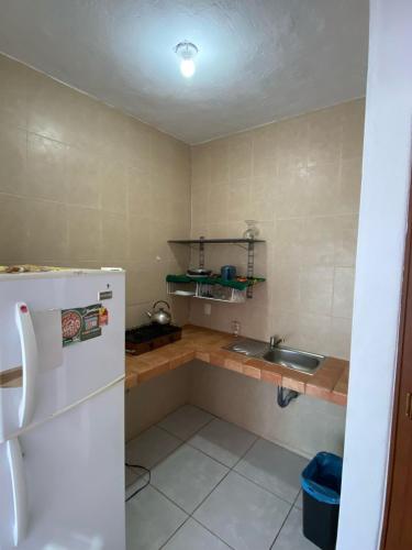 a small kitchen with a sink and a refrigerator at La Orquidea Bonfil in Acapulco
