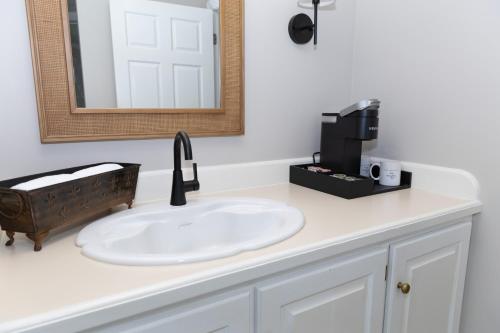 a bathroom counter with a sink and a mirror at The Geneva Inn in Lake Geneva