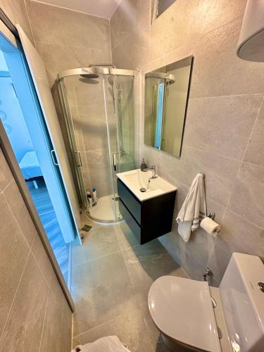 a bathroom with a sink and a shower and a toilet at Apartamentos Isla del Santo in Marín