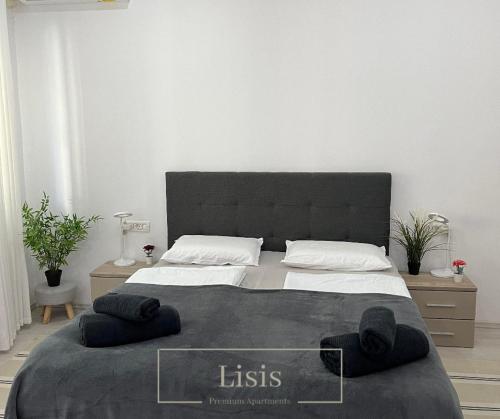 a bedroom with a large bed with two pillows on it at Lisis Premium Apartments in Reşiţa