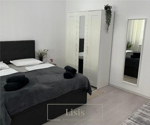 a bedroom with a large bed and a mirror at Lisis Premium Apartments in Reşiţa