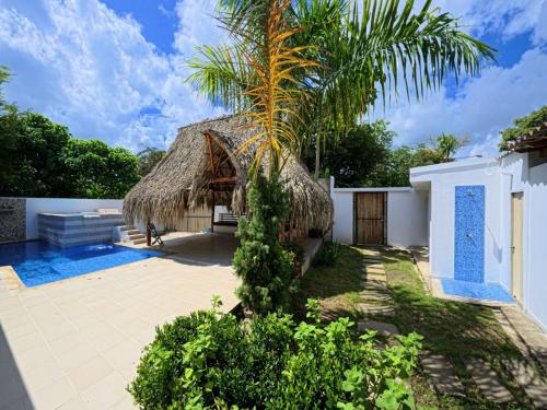 a villa with a palm tree and a swimming pool at CountrySide Stay Melina in San Mateo