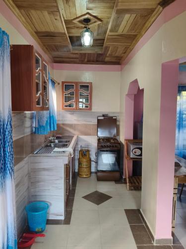 a kitchen with a sink and a stove at Balozi Homes Nyeri in Nyeri