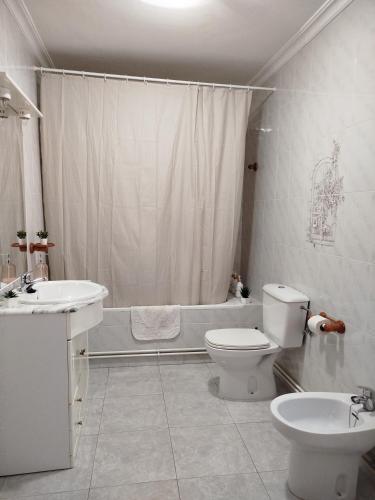 a bathroom with a toilet and a sink and a shower at Casa de Tina y Cora in Mora