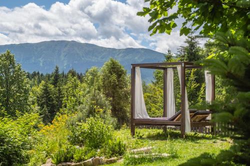 a swing in a field with mountains in the background at Alemiło mini - domek z balią i widokiem na Babią Górę in Zawoja