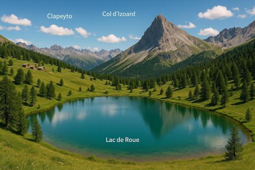 a lake in the middle of a valley with mountains at 6 people, Col d'Izoard, quiet, view in Arvieux