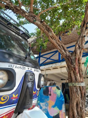 a van parked in front of a tree at Taida Hostel Rincón del Mar in Rincón