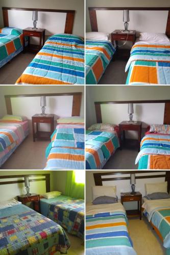 four different pictures of a room with two beds at La Pichona relax in Tafí Viejo