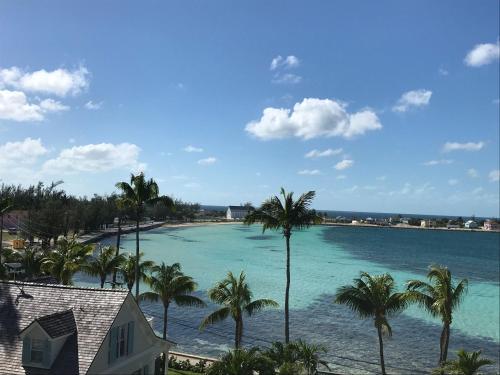 a view of a beach with palm trees and a house at Tourmaline home in Governorʼs Harbour
