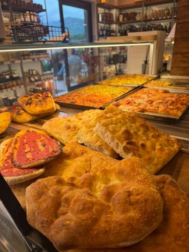 a display case with many different types of pies at B&B Massari in Preturo