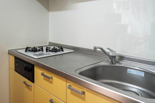 a kitchen with a sink and a stove at Lambrusco in Kami-furano