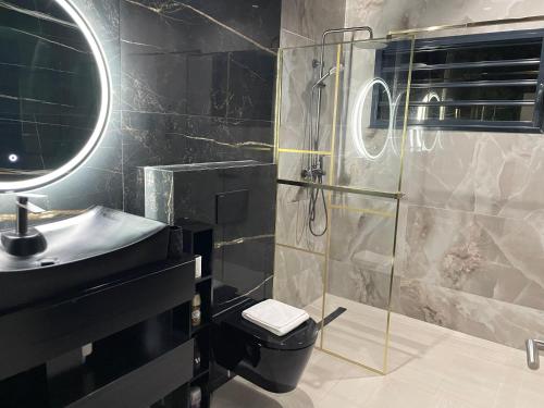 a bathroom with a shower and a toilet and a sink at Tycoon in Matoury
