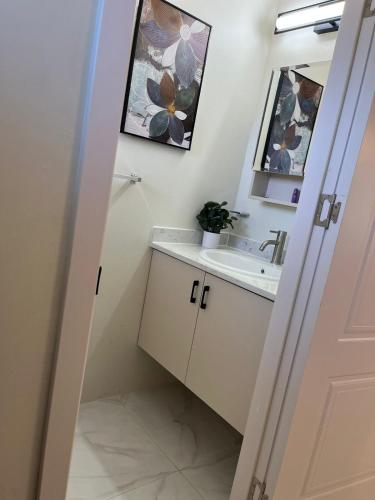 a bathroom with a sink and a mirror at Drift & Discovery New Modern Stay, Mins to Beach! in Brissett Run