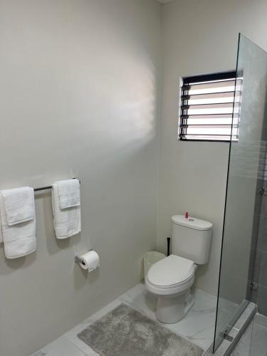 a white bathroom with a toilet and a shower at Drift & Discovery New Modern Stay, Mins to Beach! in Brissett Run