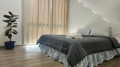 a bedroom with a bed and a potted plant at Luxe Loft 3BR Emporium 9pax in Kuching